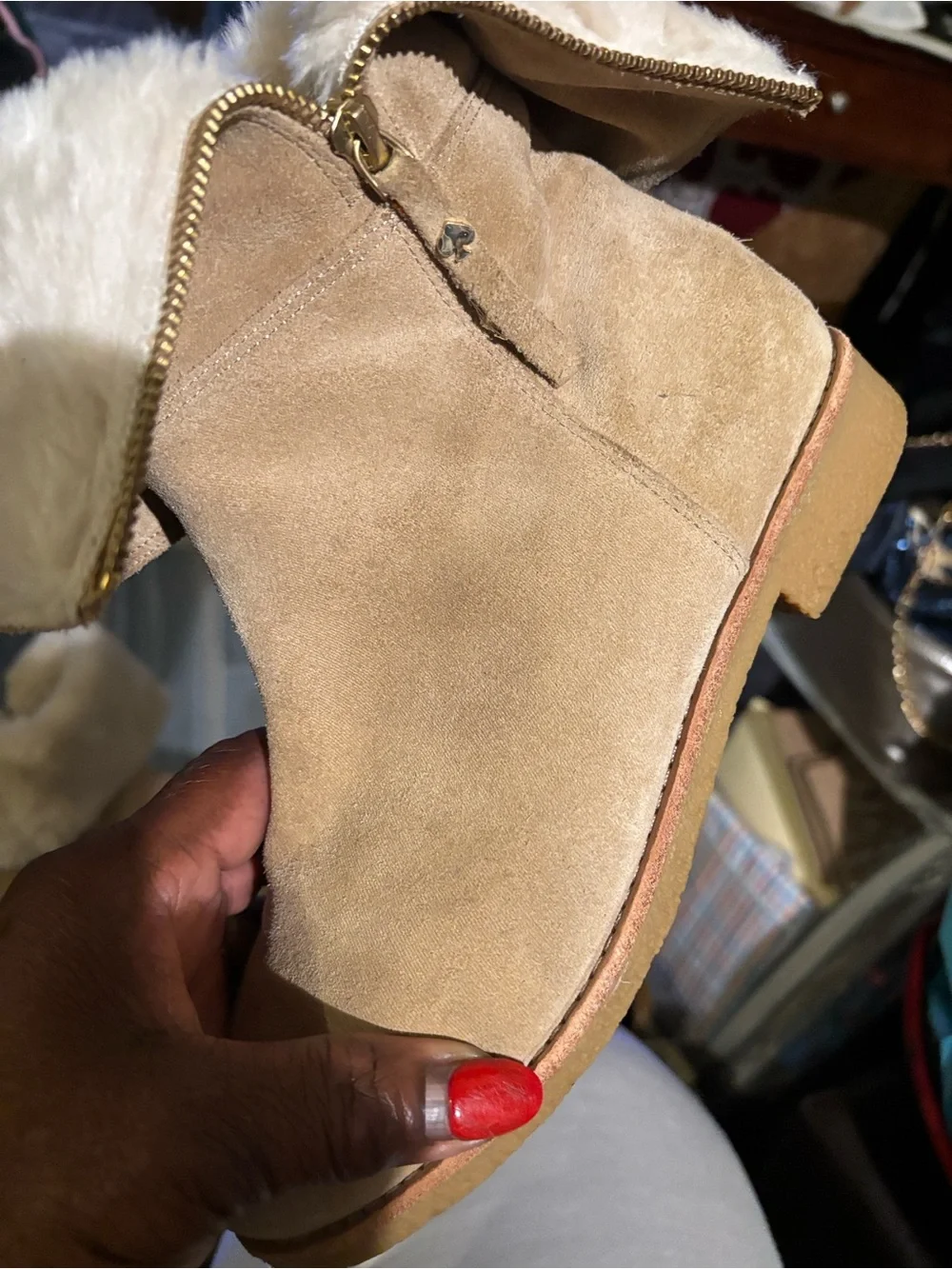 Plush Faux Fur Collar Ankle Booties - Cream